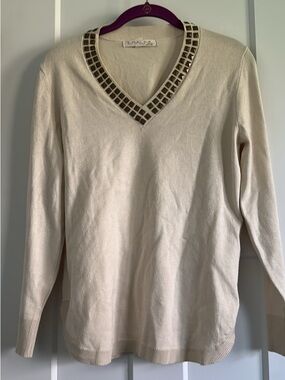 Emaline Cream V-Neck Sweater with Embellished Trim